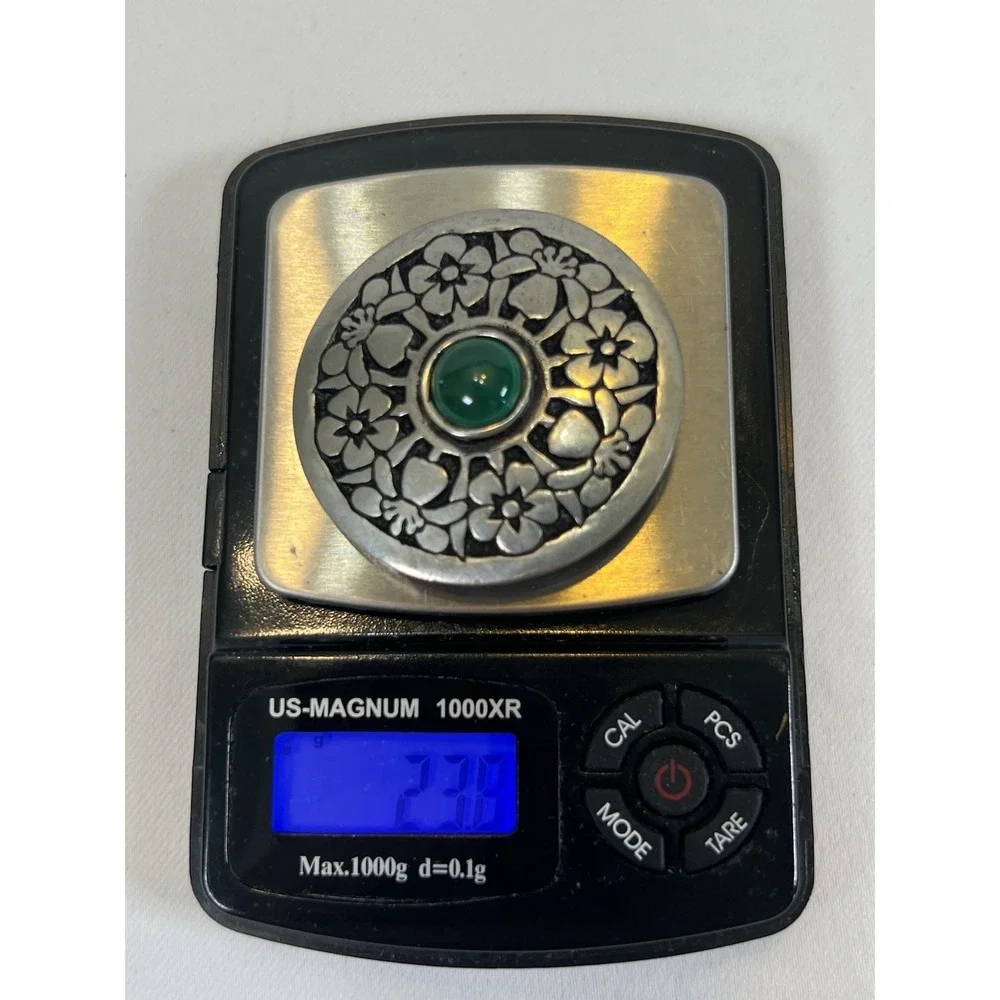 St Justin Pewter Malachite Celtic Floral Round Brooch Original Box Handmade VNG